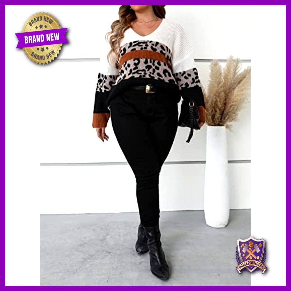 Plus Size Leopard V-Neck Pullover Sweater Long Sl… - image 5